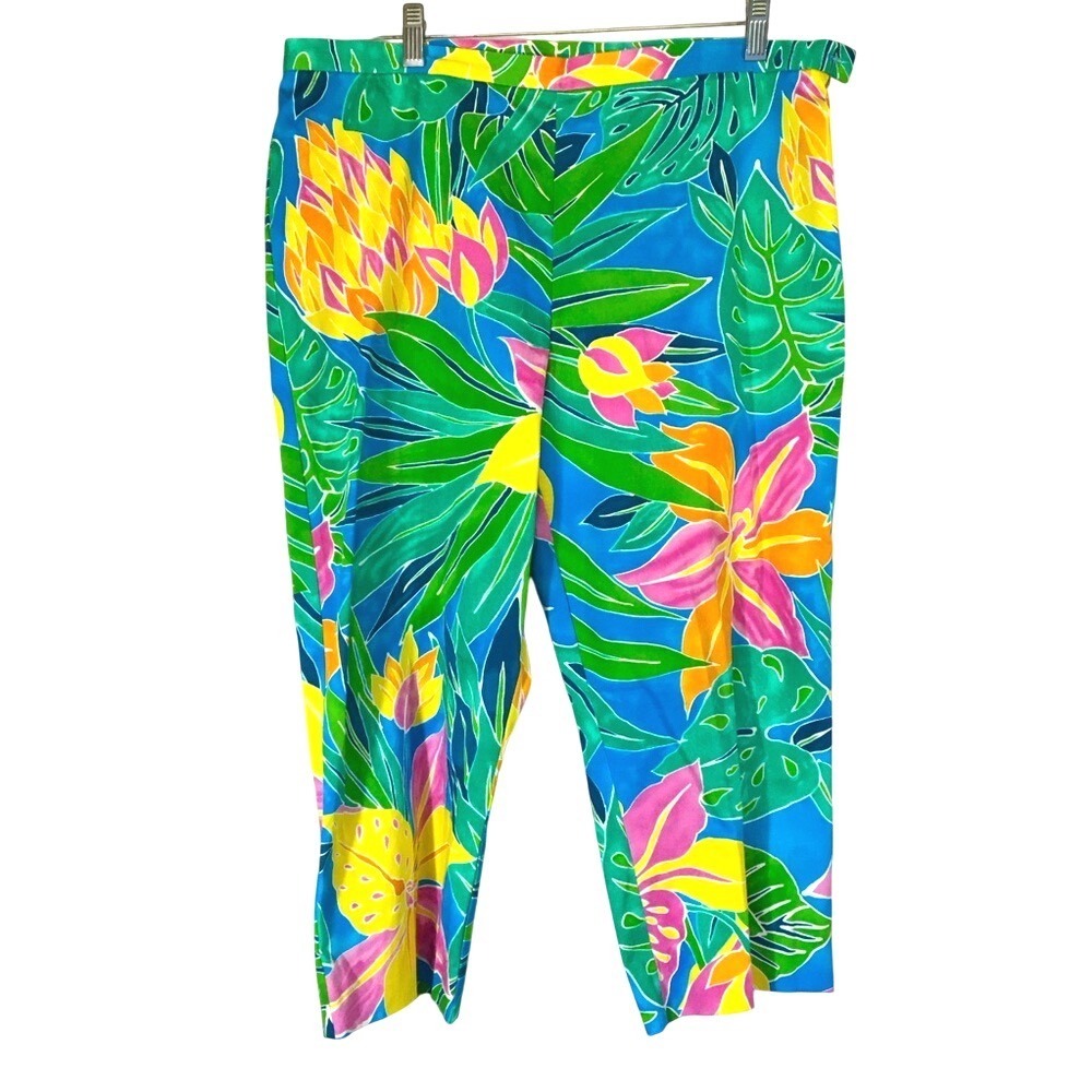 Lauren Ralph Lauren Tropical Floral Print Crop Pants 14P Blue Green Multi